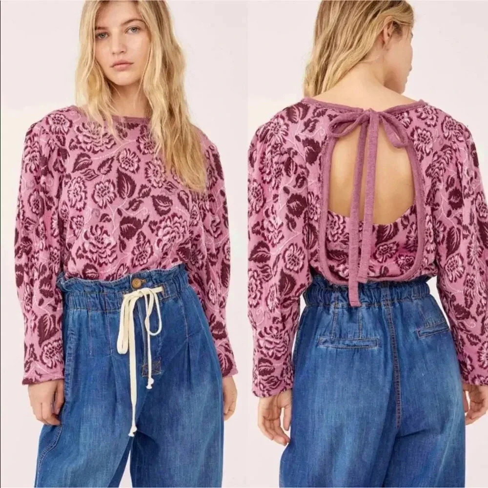 NEW Free People No Ordinary Jacquard Pink Floral Cropped Sweater Size Medium
